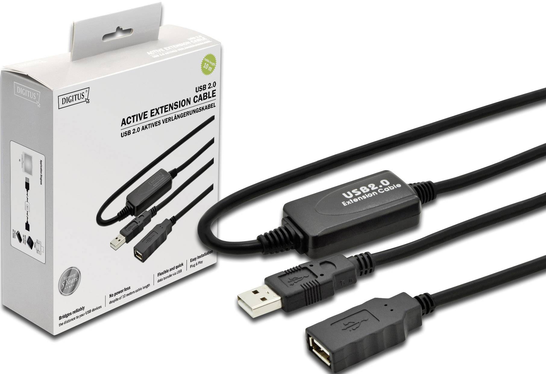USB 2.0 prodlužovací kabel, aktivní, s zesilovačem pro stabilní přenos signálu. Obal zobrazuje kabel s USB A konektory.