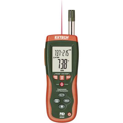 Digitální teploměr ukazuje 73,8 stupňů. Má tlačítka pro měření teploty ve stupních Celsia a Fahrenheita a obsahuje sondu.