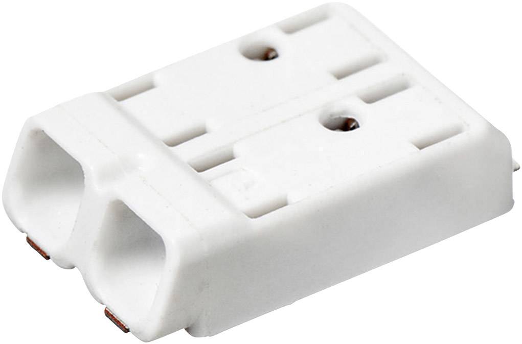Bílý keramický adaptér obdélníkového tvaru se dvěma konektory a dvěma montážními otvory pro šrouby. Vhodný pro elektrické připojení.