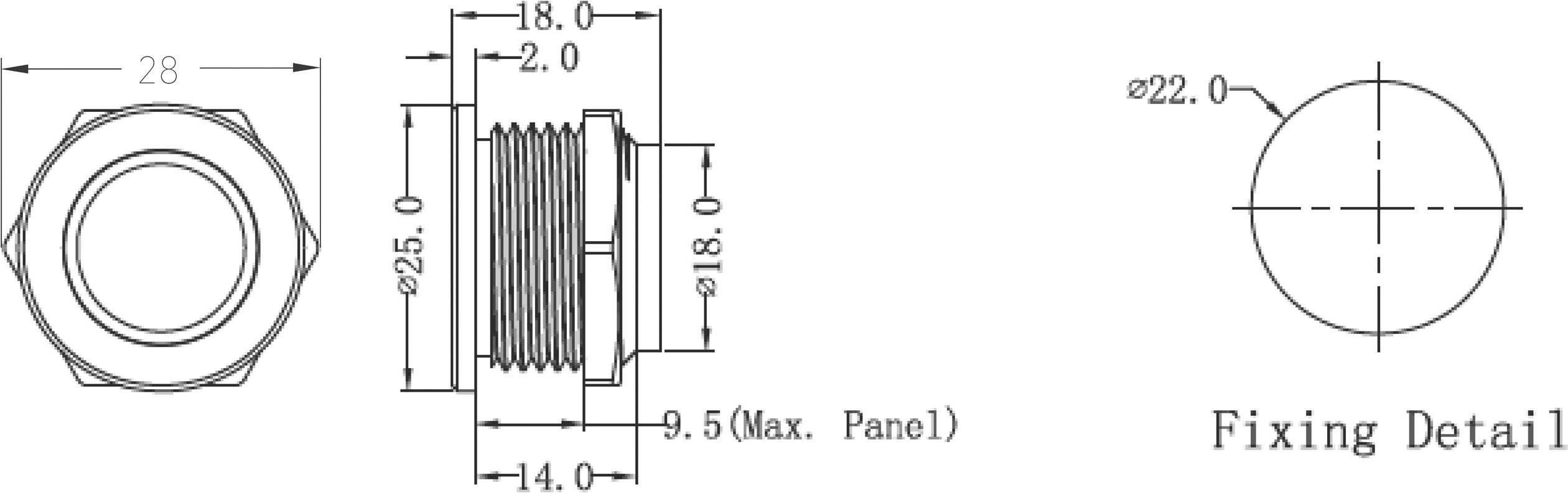 Technický výkres válcové součásti s rozměry: průměr 28 mm, závit 18 mm. Fixační detail ukazuje velikost otvoru 22 mm.