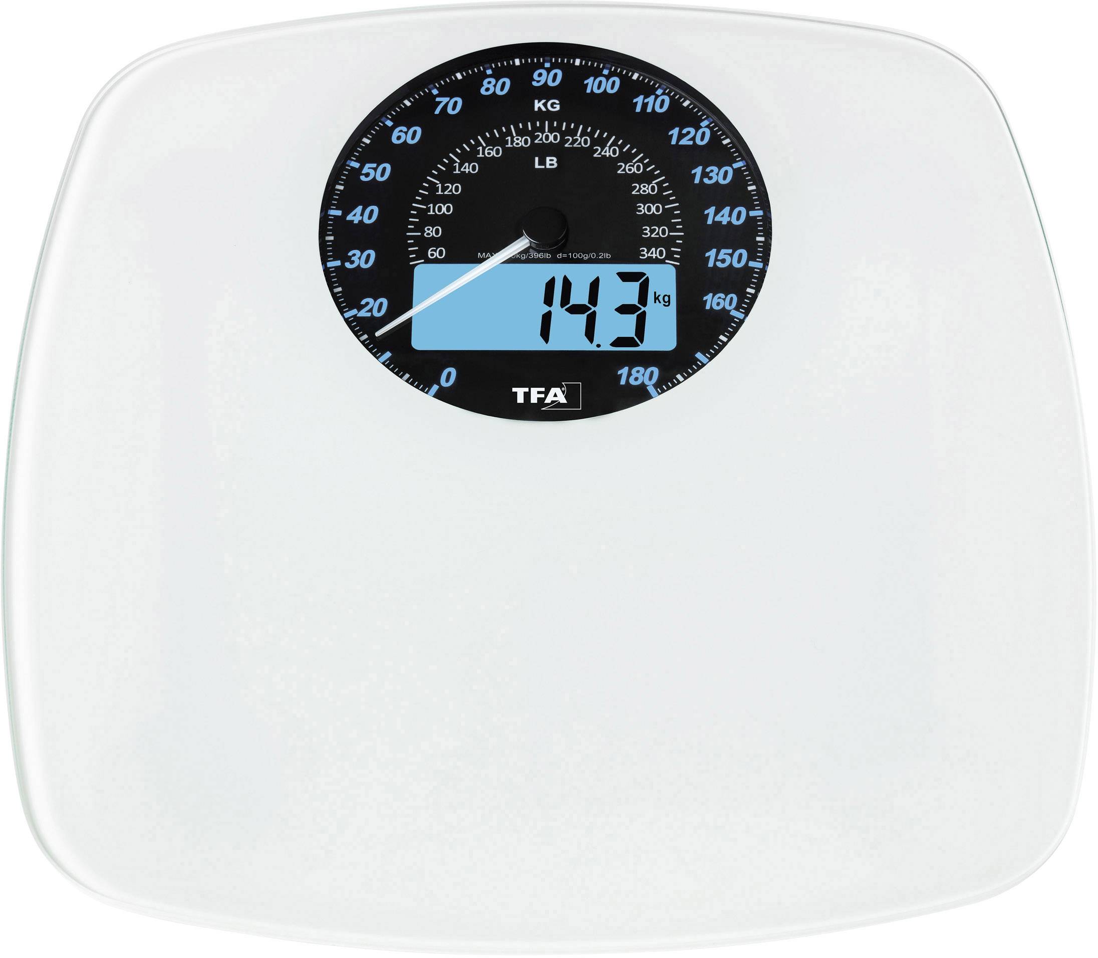 Digitální osobní váha ukazuje 143 kg na modrém displeji.