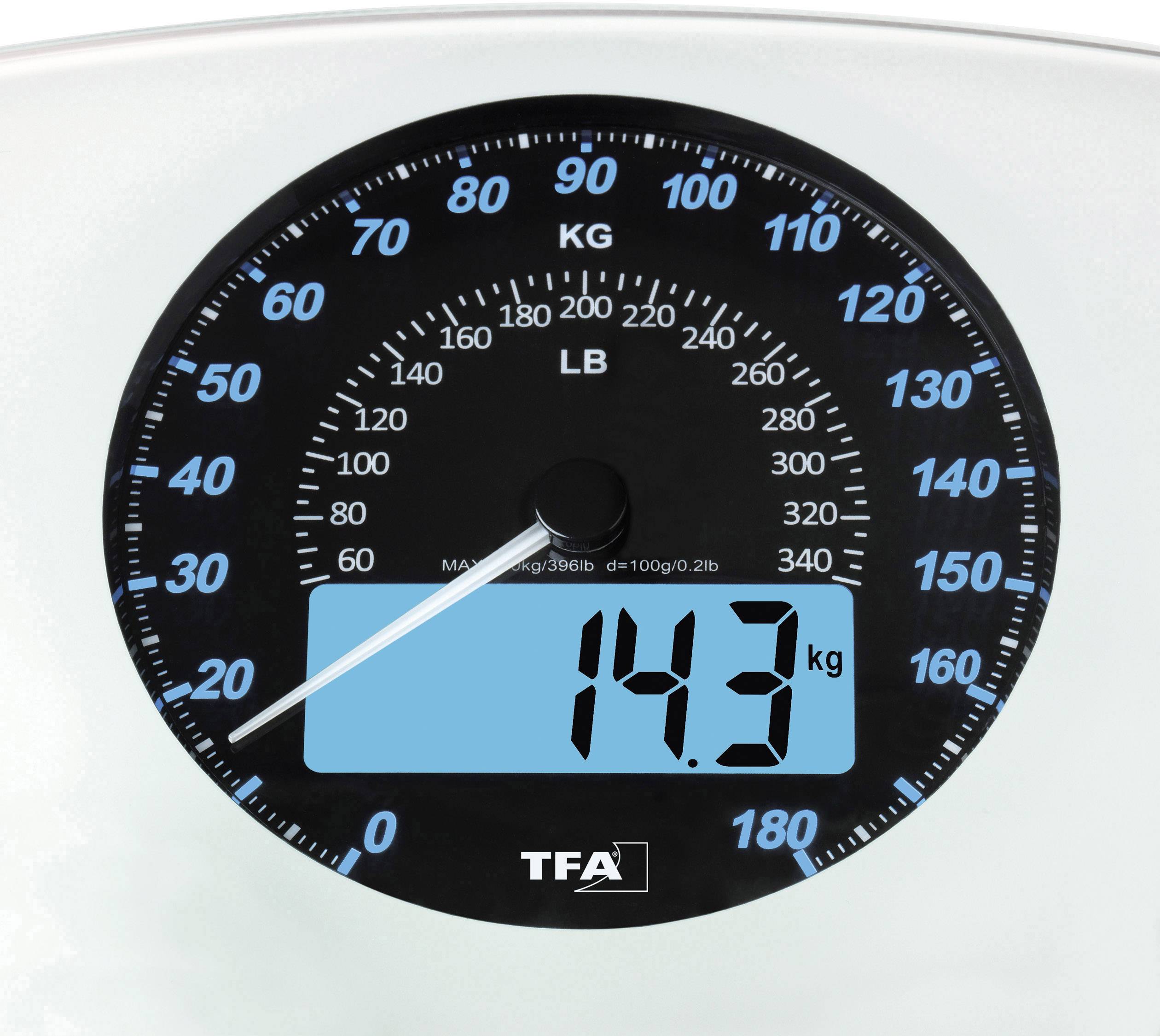 Analogová váha ukazuje 14,3 kg na digitálním displeji. Stupnice v kg a lb. Černý ciferník, bílé číslice, modrém pozadí.