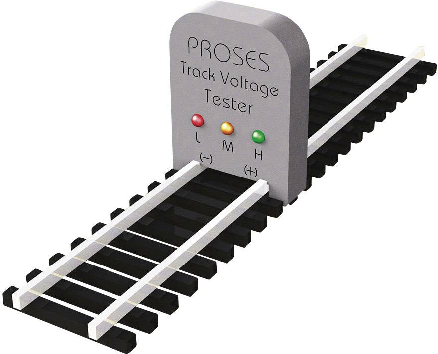 Napěťový tester pro modelové železniční koleje s LED diodami pro nízké, střední a vysoké napětí, umístěný na úseku kolejí.