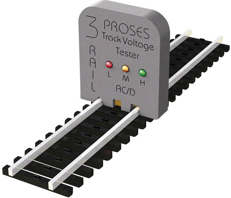 Napěťový tester pro modelářské železniční tratě s LED indikátory pro nízké, střední a vysoké napětí. Umisťuje se na železniční úsek.