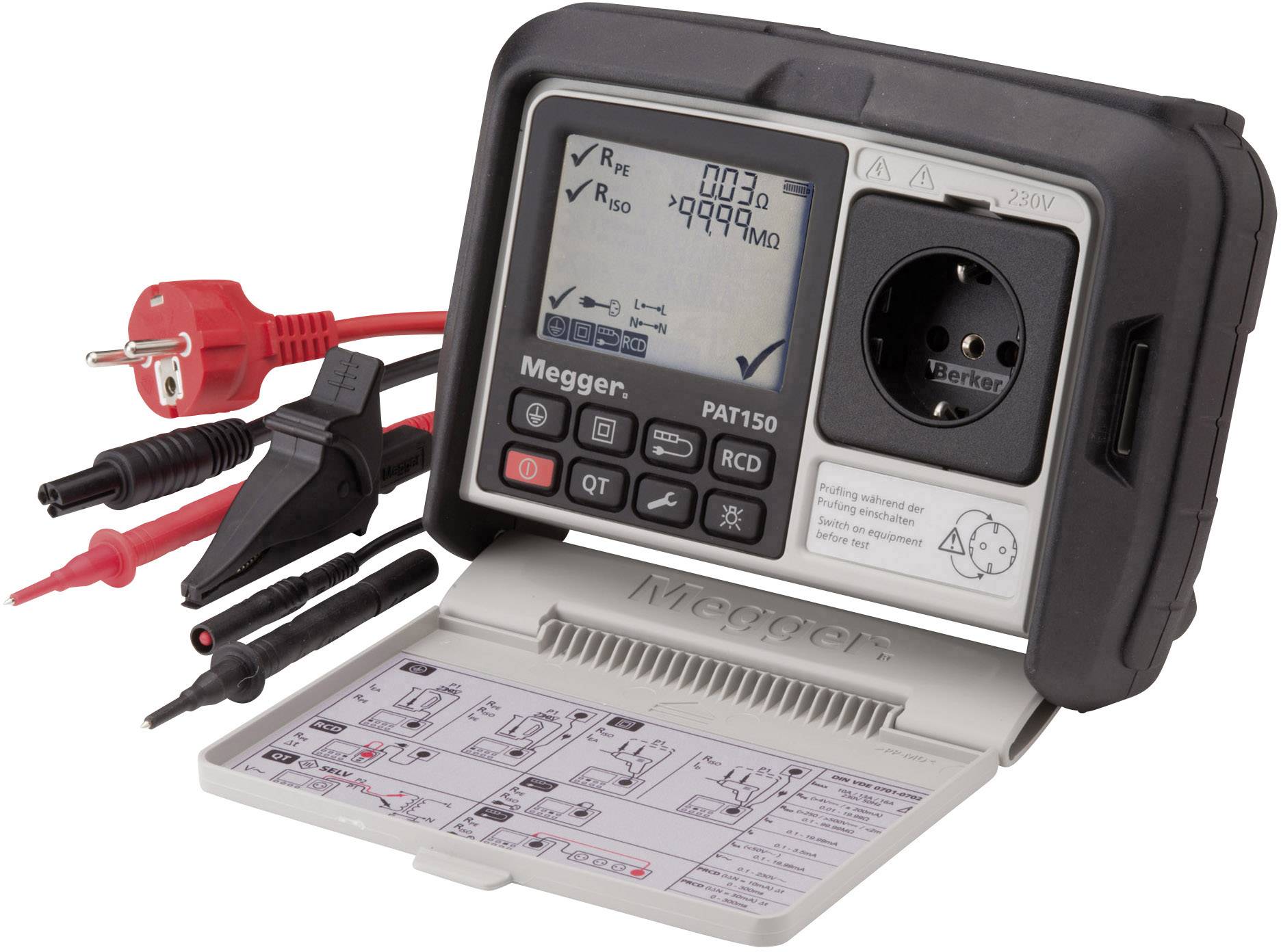 Přenosný měřicí přístroj pro měření elektrických odporů, vybavený různými kabely a konektory pro elektrickou analýzu.