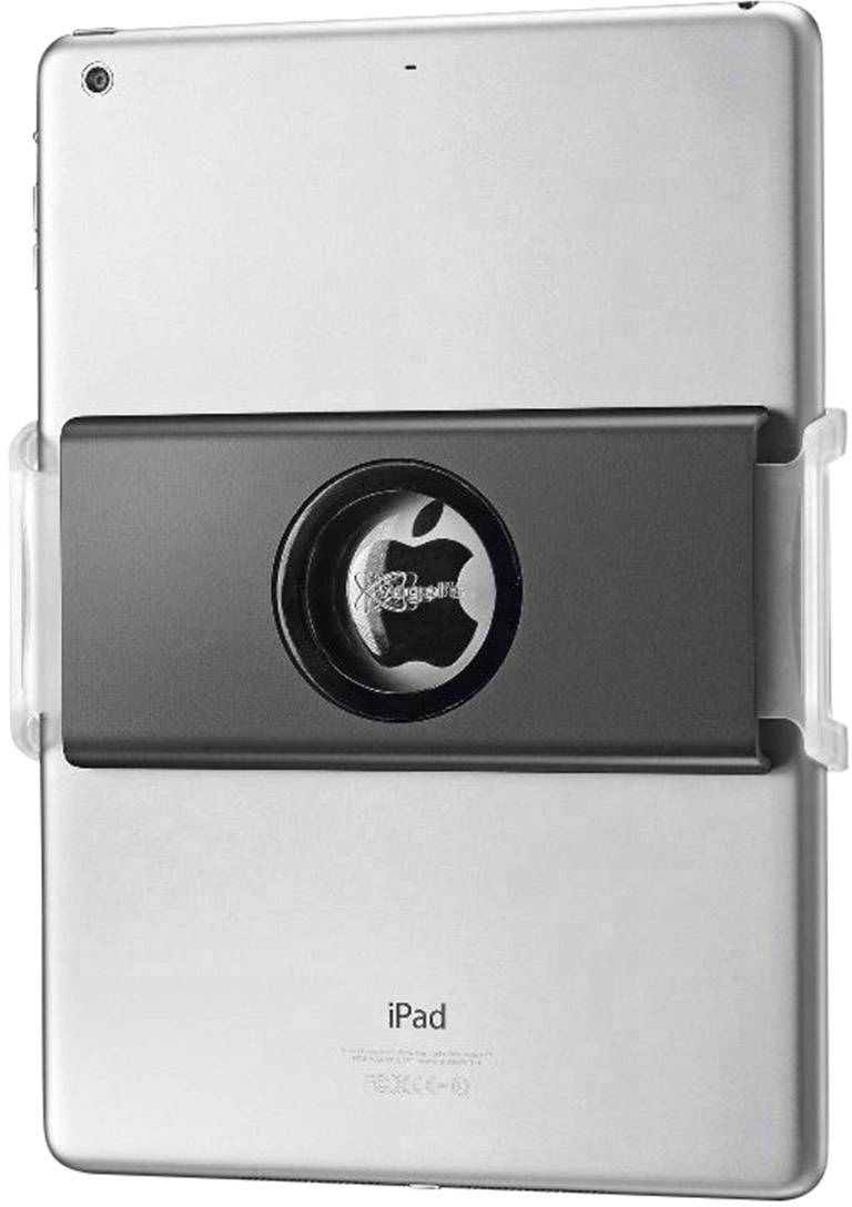 Pohled zezadu na tablet upevněný v držáku. Je viditelné logo Apple.