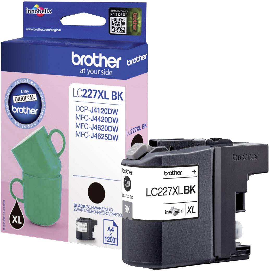 Inkoustová kazeta Brother LC227XLBK v černé barvě. Balení zobrazuje kazetu a uvádí kompatibilní tiskárenské modely: DCP-J4120DW, MFC-J4420DW, MFC-J4620DW, MFC-J4625DW.