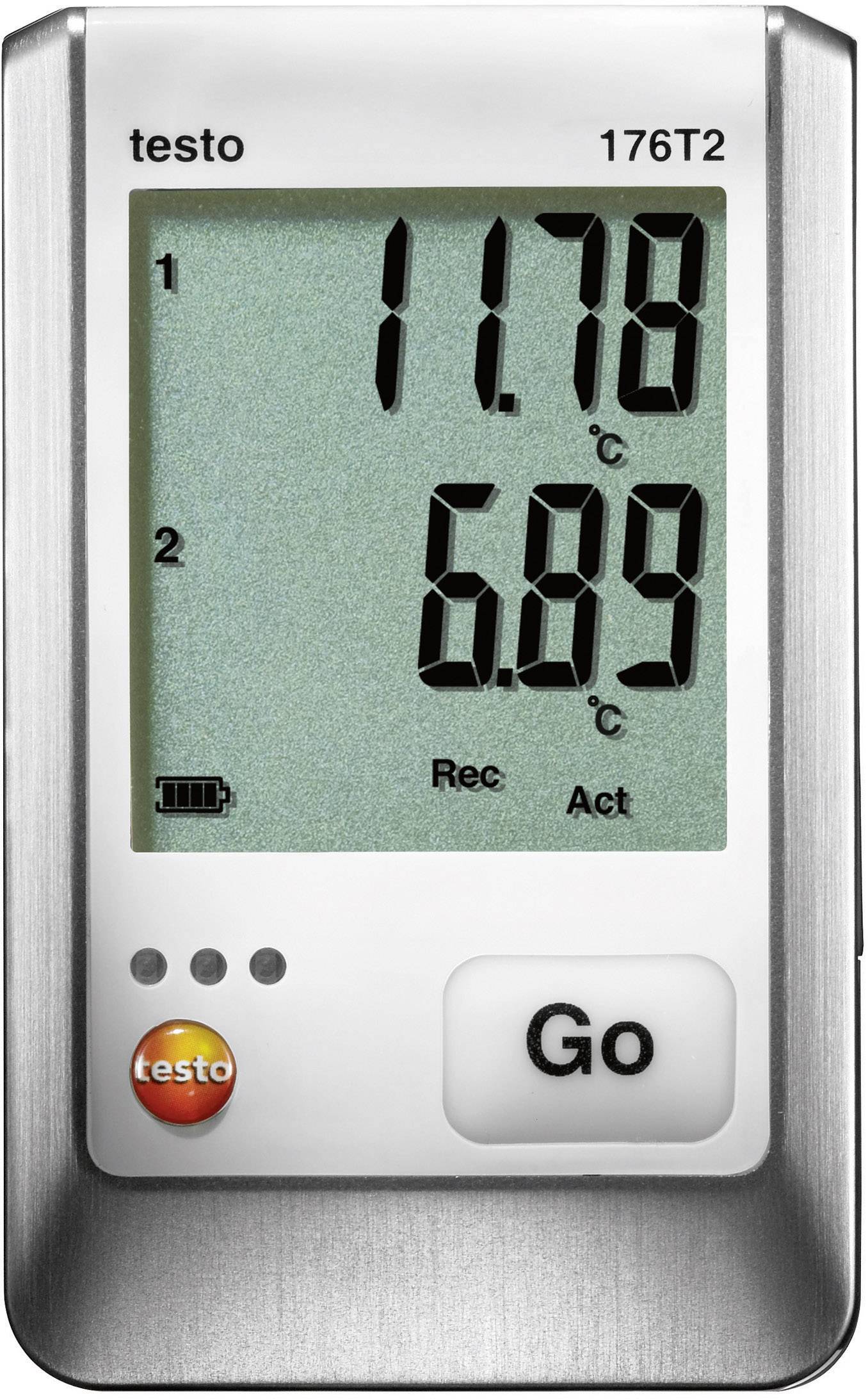 Digitální teploměr a datalogger s displejem zobrazujícím 11,78°C a 6,89°C. Ikona stavu baterie a tlačítko s nápisem 'Go'.