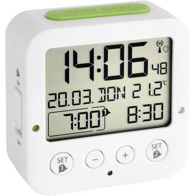 Digitální hodiny s velkou černou obrazovkou zobrazují čas '14:06', datum '20.03.', teplotu '21,2°C' a dva budíky '7:00' a '8:30'.
