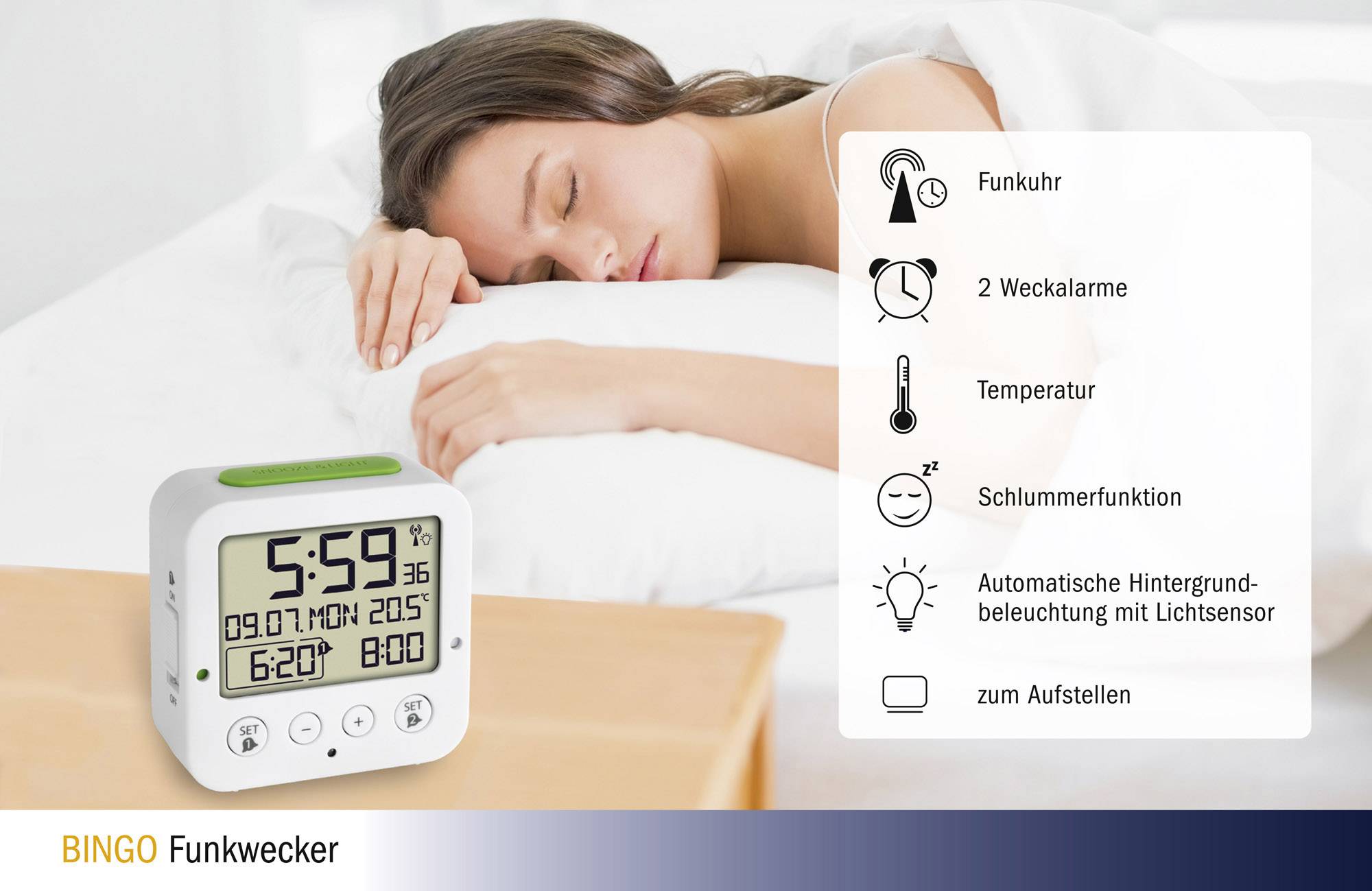 Žena spí vedle digitálního rádiového budíku s displejem zobrazujícím čas, datum, teplotu a funkce buzení. Nástrojová lišta ukazuje jednotlivé funkce.