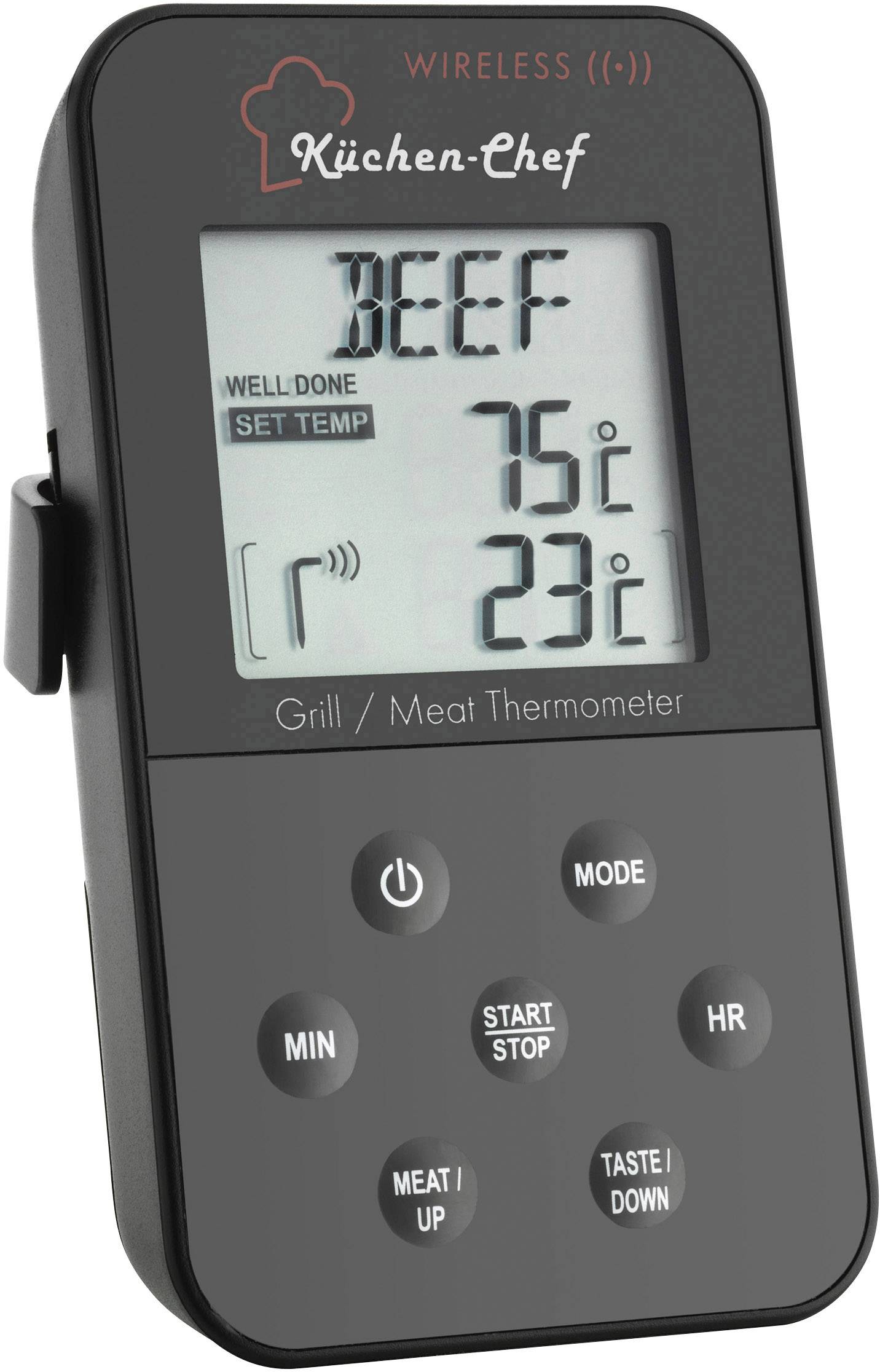 Kuchařský bezdrátový gril/masový teploměr 'Küchen-Chef' ukazuje 75°C a 23°C. Tlačítka pro start/stop, režim a čas jsou umístěna na přední straně.