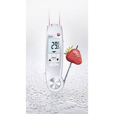 Digitální teploměr ukazuje 29,5°C. Připojený senzor je zapíchnutý do jahody. Pozadí s kapkami vody.