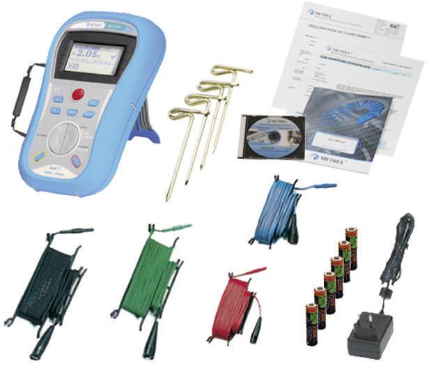 Zařízení pro bezpečnostní kontrolu elektrických instalací s příslušenstvím, včetně testovacích kabelů, zemnicích kolíků, návodu a kontrolních protokolů.