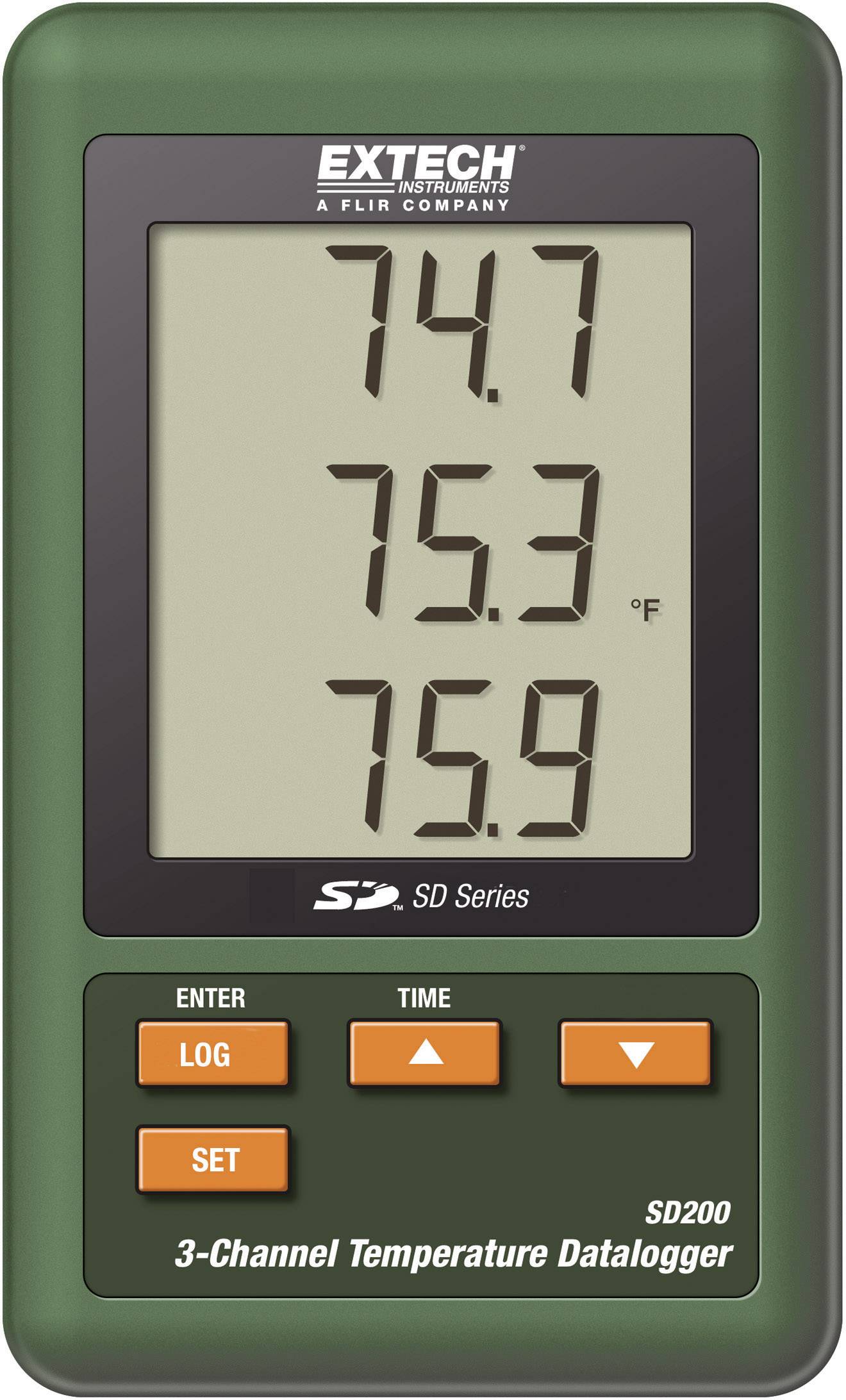 Extech SD200 tříkanálový teplotní datalogger zobrazuje teploty 74,7°F, 75,3°F a 75,9°F.