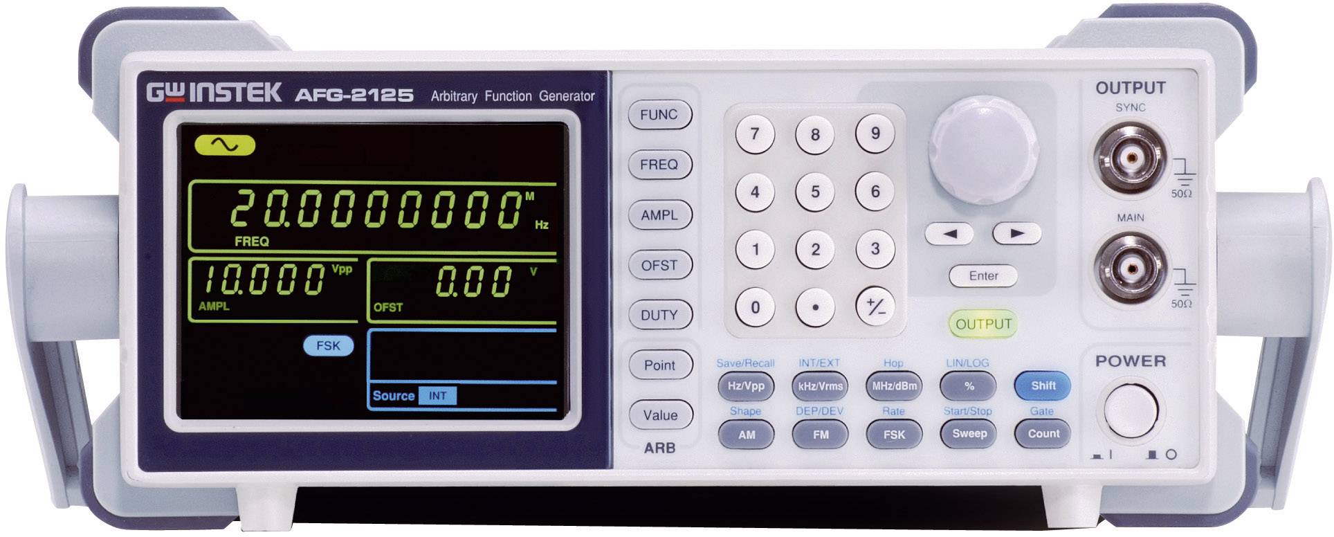 Funkční generátor s digitálním displejem. Zobrazuje frekvenci 20 MHz a amplitudu 10 V. Obsahuje numerickou klávesnici a ovládací prvky.