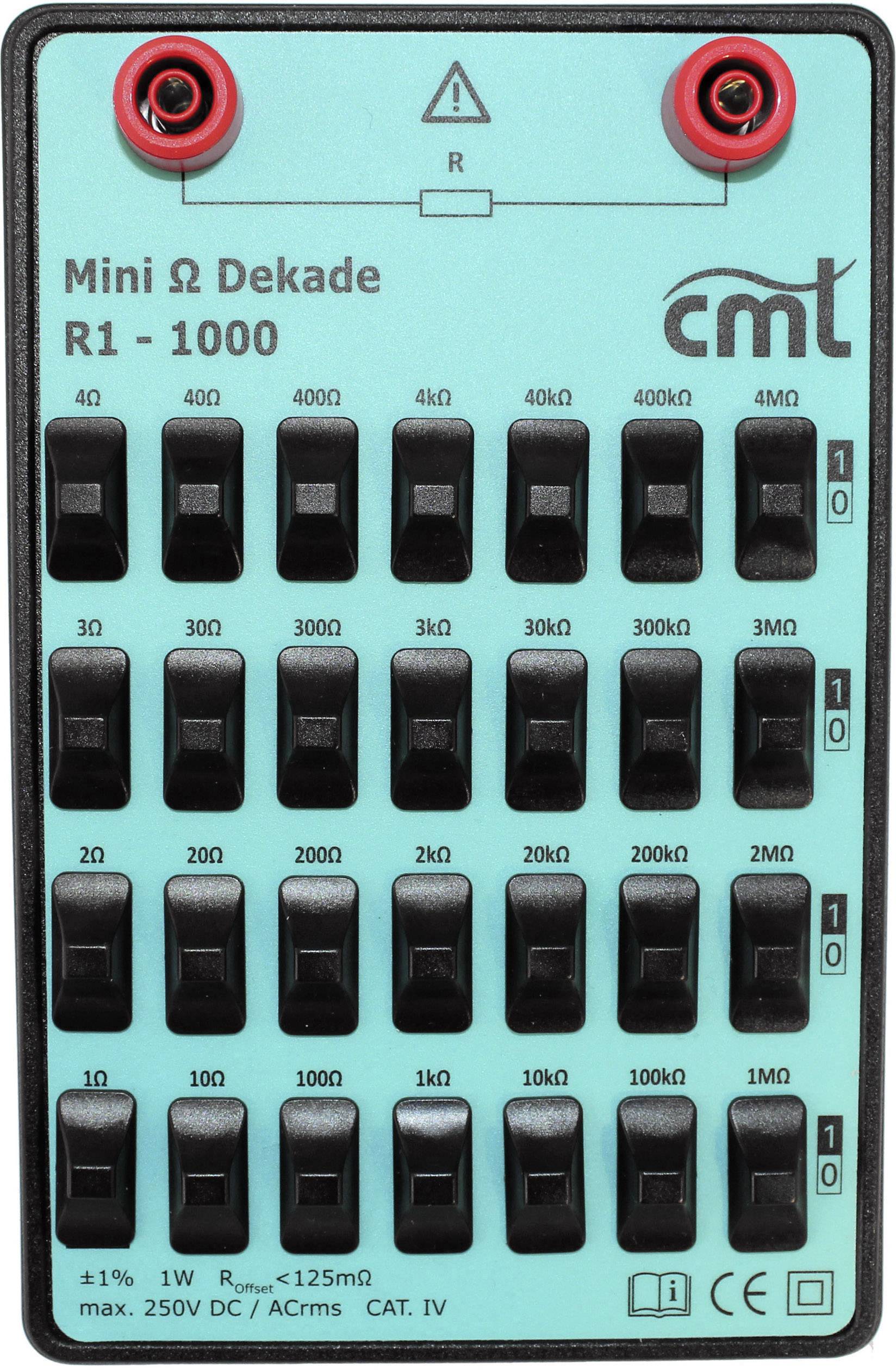 Mini-Ω-dekáda s 10 přepínači pro nastavení odporu od 1 do 10 000 ohmů; vhodná pro měření až do 250 V.