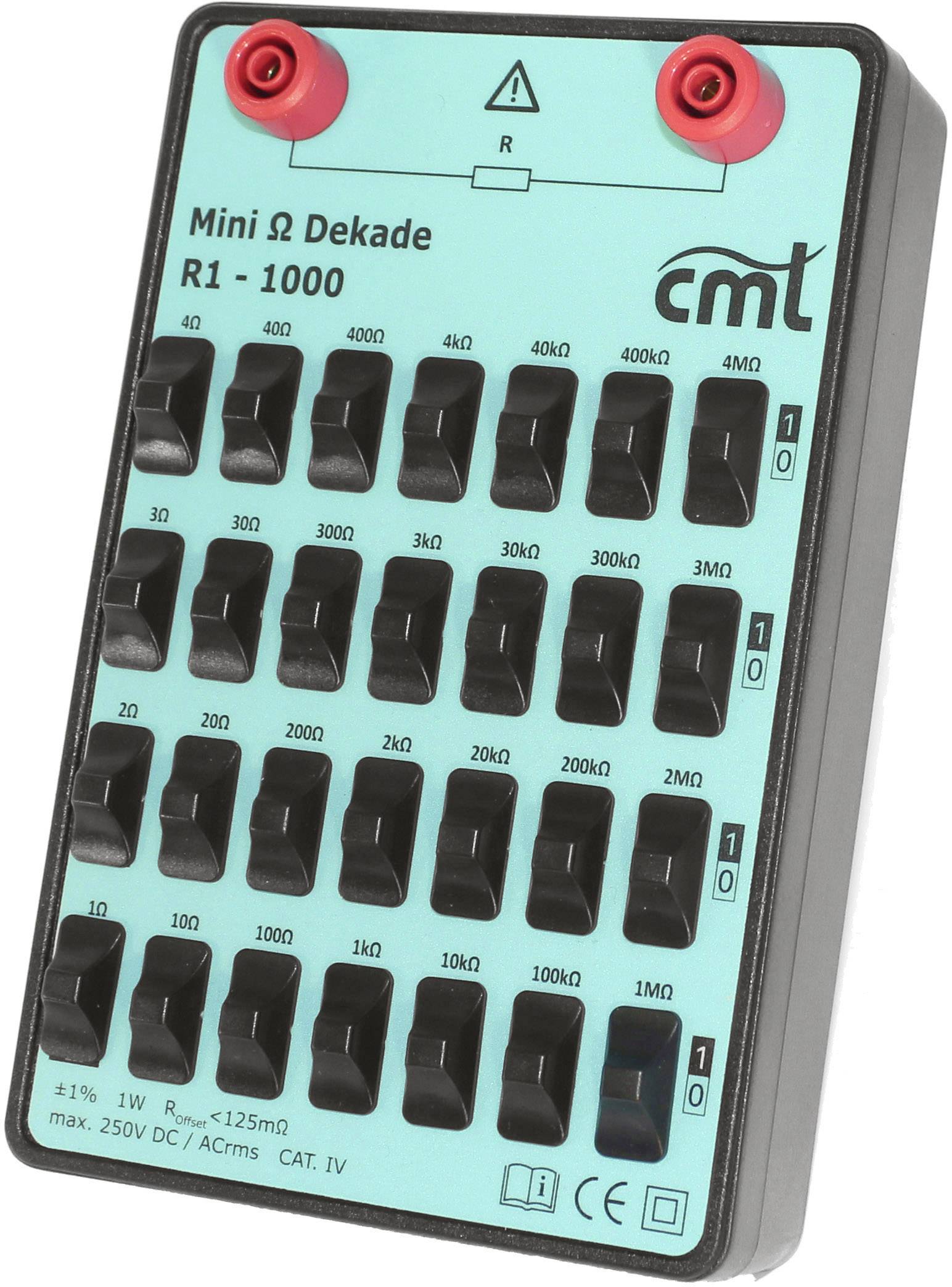 „Mini Ω Dekáda" odporová dekáda s deseti řadami přepínačů pro nastavení odporových hodnot až do 10 MΩ.