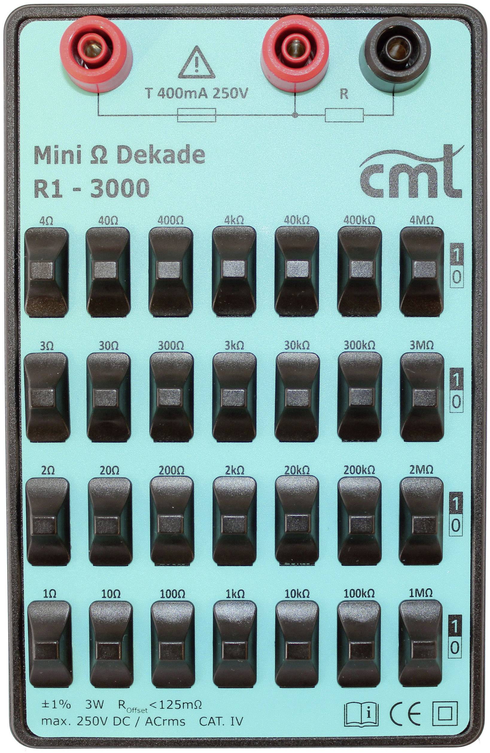 Miniaturní odporová jednotka Ω Dekade R1 - 3000 s více přepínači na modro-zeleném pozadí. Nahoře červené a černé svorky.