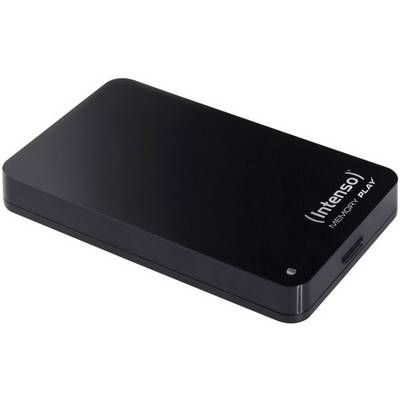 Externí černý pevný disk značky Intenso, model Memory Play, v obdélníkovém tvaru.