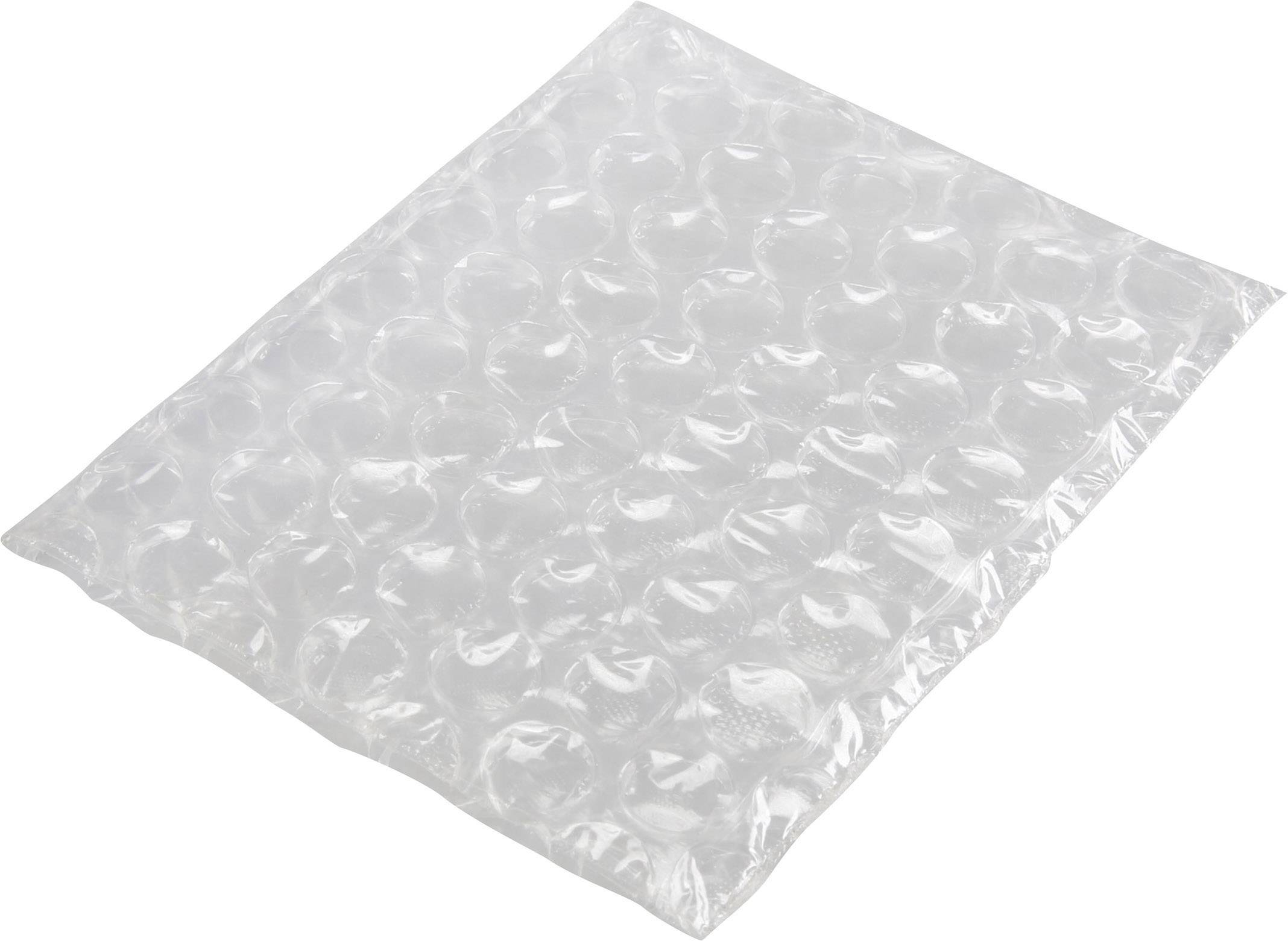 Průhledná bublinková fólie s několika vystouplými bublinkami, která slouží jako ochranný materiál.