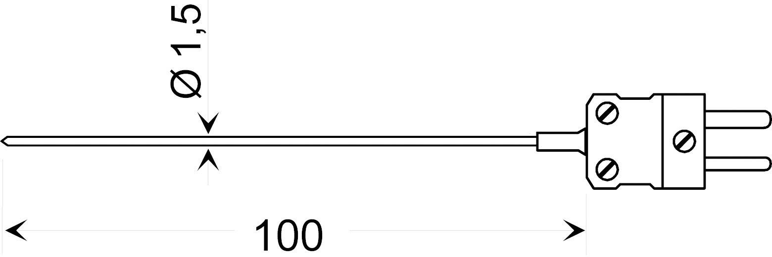 Technický výkres snímače s průměrem 1,5 mm a délkou 100 mm, znázorněný s kovovými konektory.