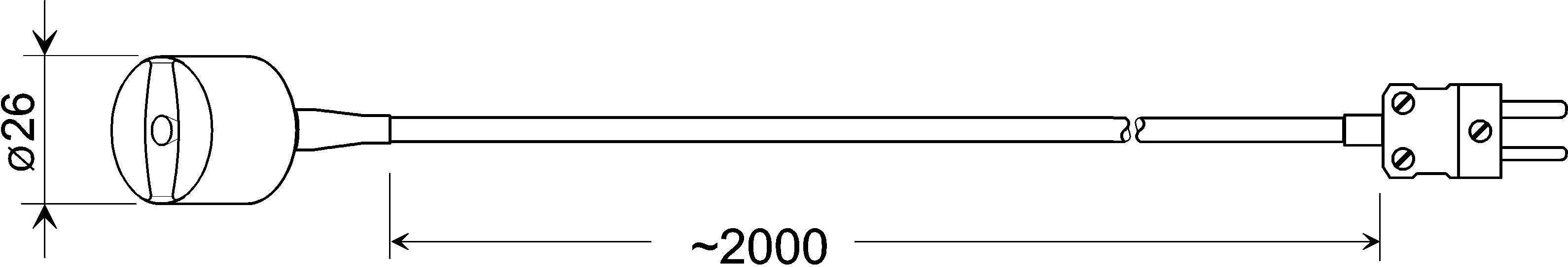 Technický výkres válcového zařízení o průměru 26 mm a délce 2000 mm, které je zakončeno konektorem.