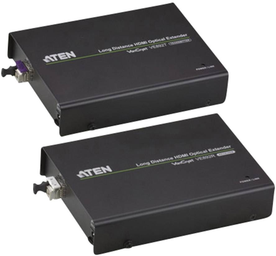 Dva černé HDMI extendery značky ATEN, model VE892, určené k prodloužení HDMI signálů na velké vzdálenosti pomocí optického kabelu.