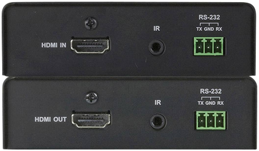 Dva elektronické přístroje s HDMI a RS-232 konektory. Nahoře: 'HDMI IN'. Dole: 'HDMI OUT'. Oba s infračerveným senzorem (IR).
