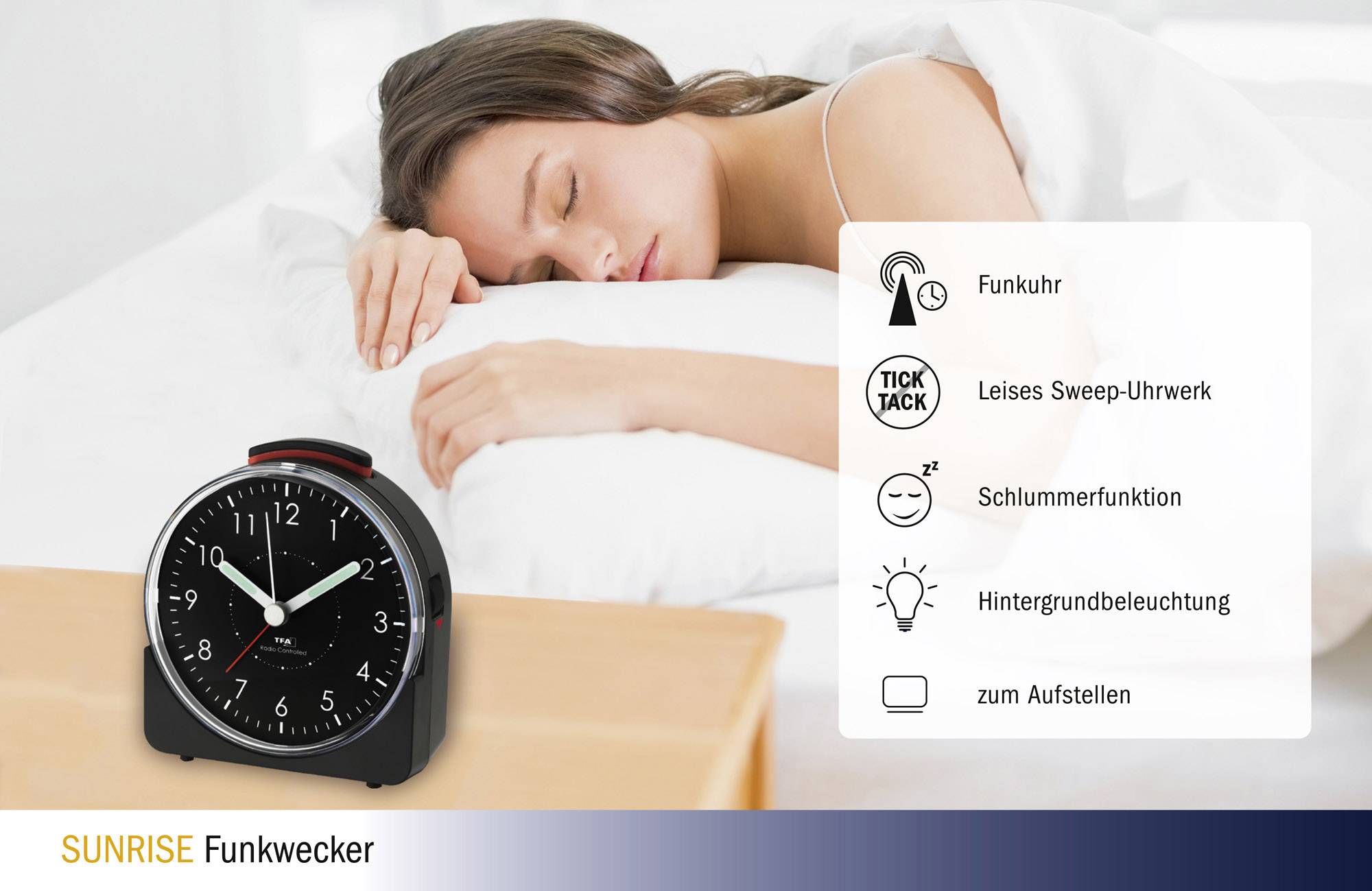 Žena spí vedle rádiem řízeného budíku. Funkce: rádiem řízené hodiny, tiché sweep-hodinkové strojky, funkce spánku, podsvícení, stolní provedení.
