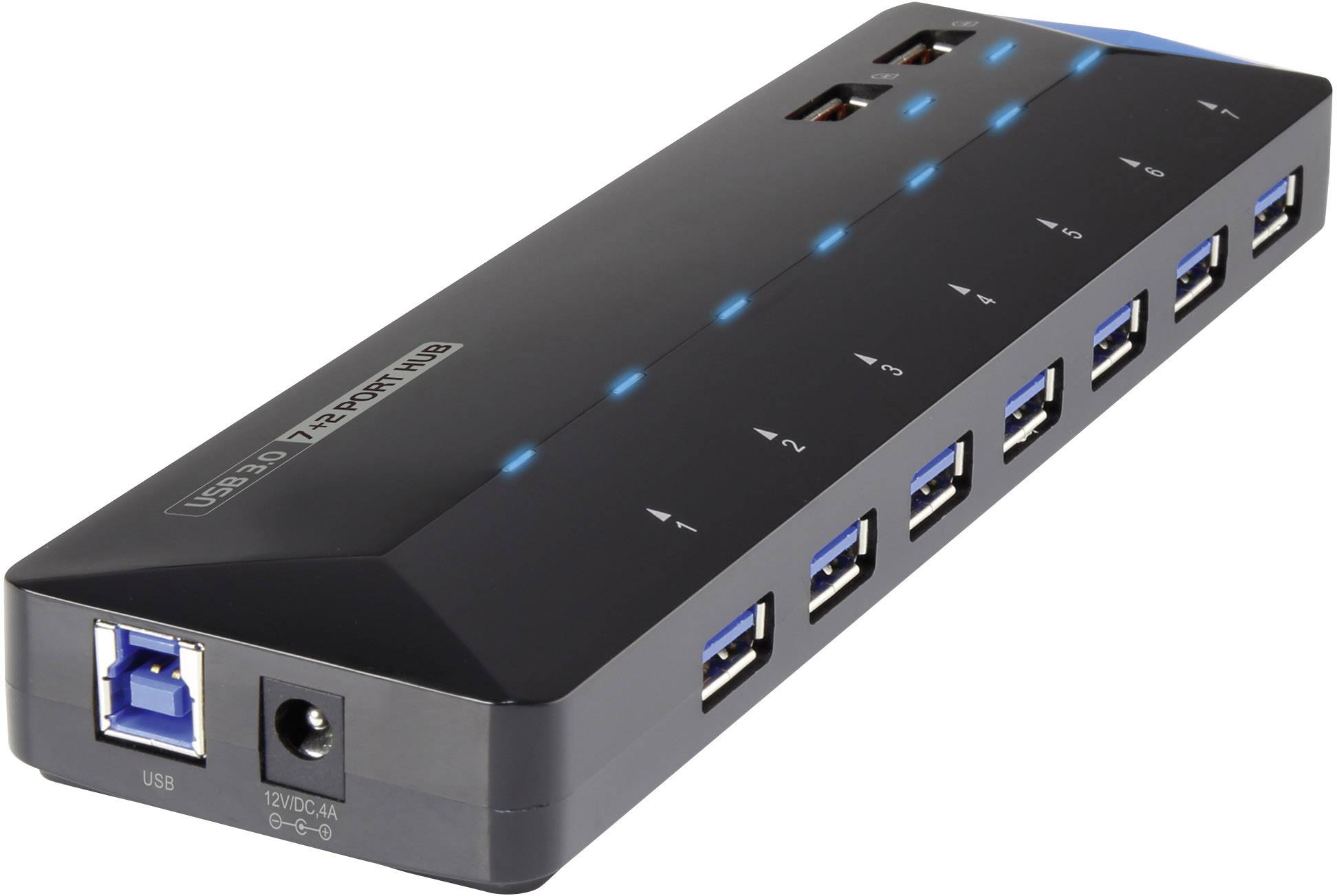 USB 3.0 hub se sedmi modrými USB porty, samostatným vypínačem pro každý port a dvěma dalšími porty na horní straně.