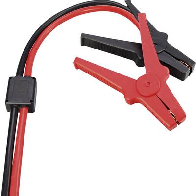 Červený a černý startovací kabel s svorkami, který se používá pro přemostění autobaterie.