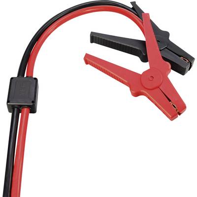 Červený a černý startovací kabel s svorkami. Červená svorka je nahoře, černá dole. Vhodný pro autobaterie.