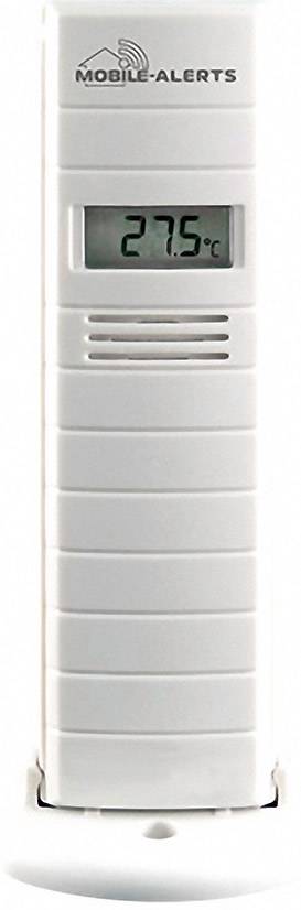 Bílý digitální teploměr ukazuje '27,5°C'. Označeno štítkem 'Mobile-Alerts'.