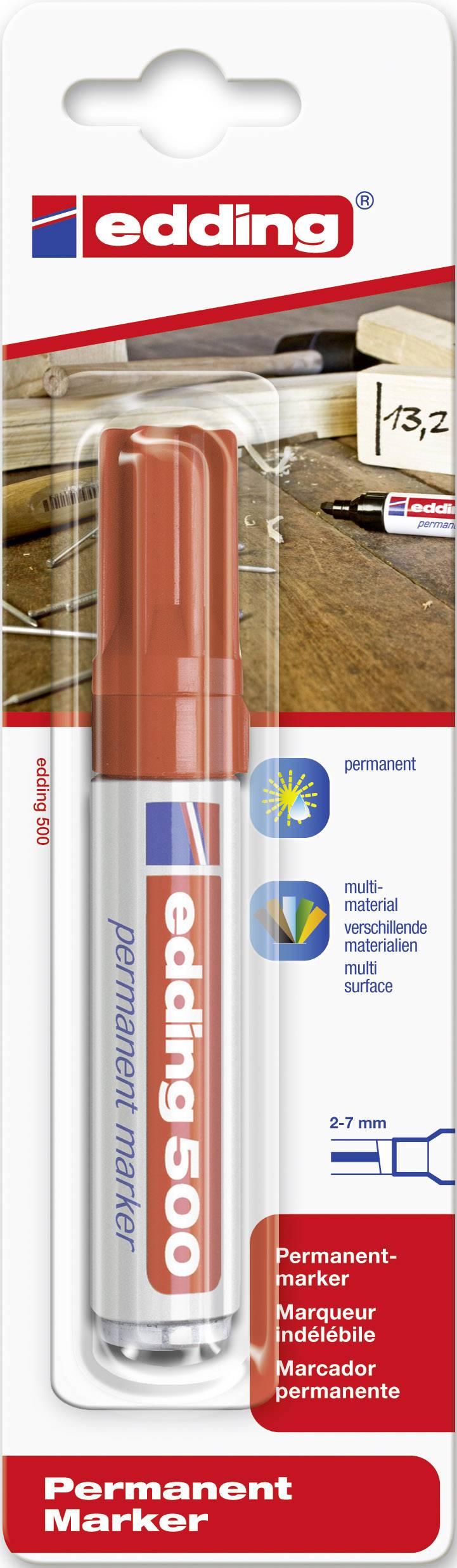 Permanentní fix edding 500 v červené barvě v blistrovém balení. Vhodný pro univerzální, trvalé značení s šířkou tahu 2-7 mm.