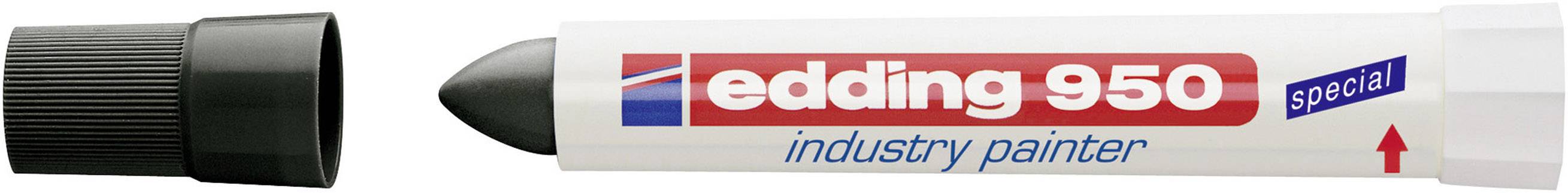 Malý, kulatý fix s černým víčkem a černým hrotem, 'edding 950 industry painter' v červené a modré barvě na bílém těle.