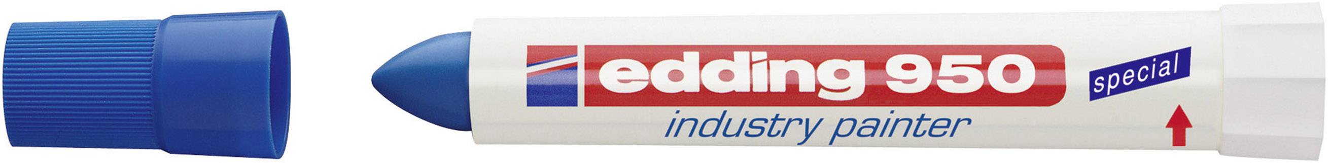 Modrý průmyslový fix s odšroubovaným víčkem, nápis 'edding 950 industry painter', ukazuje špičku a šipku směřující doprava.