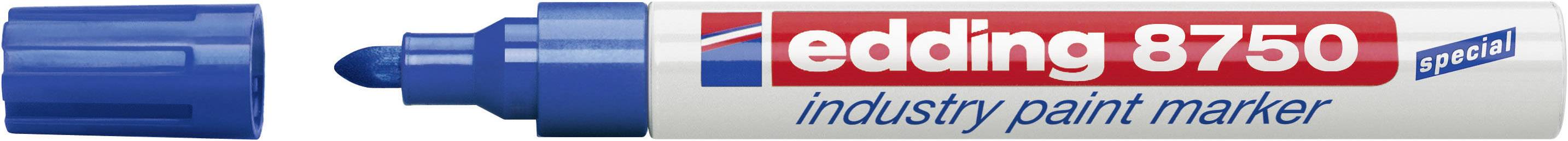 Modrý značkový fix Edding 8750 industry, víčko sejmuto, široký hrot viditelný.