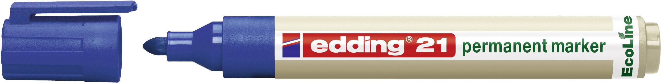 Modrý otevřený permanentní fix Edding EcoLine s béžovým krytem a nápisem 'edding 21 permanent marker'.