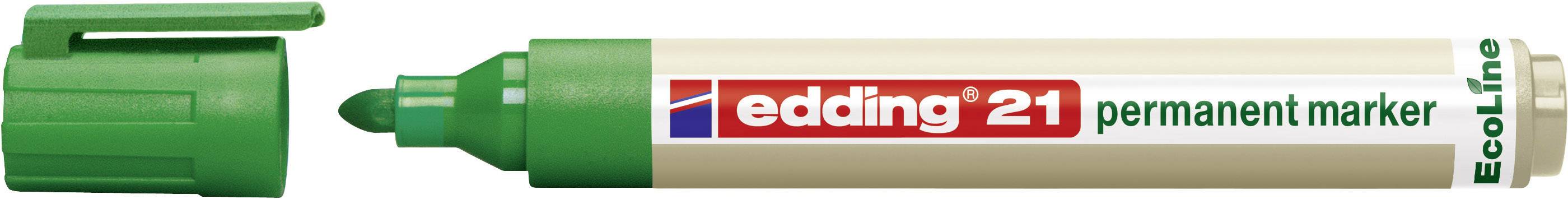 Zelený permanentní fix značky Edding, model 'EcoLine 21', s odejmutou čepičkou.