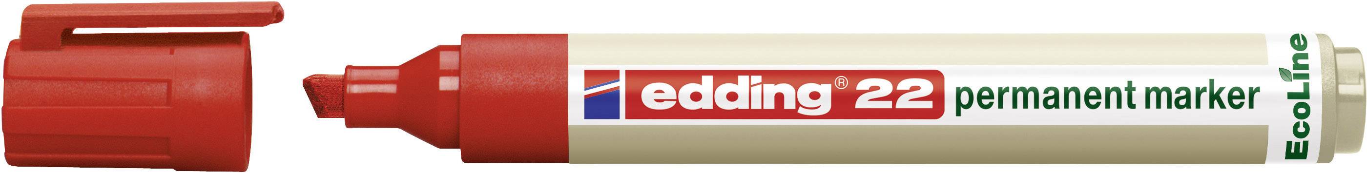 Červený Edding 22 permanentní fix s odnímatelným víčkem, vhodný pro výrazné, trvalé značení na různých površích.