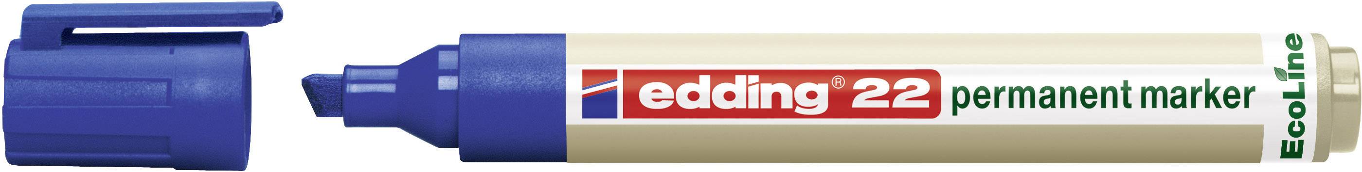 Modrý permanentní popisovač Edding 22 s odejmutou čepičkou, ležící. Na obalu je nápis "Ecoline".