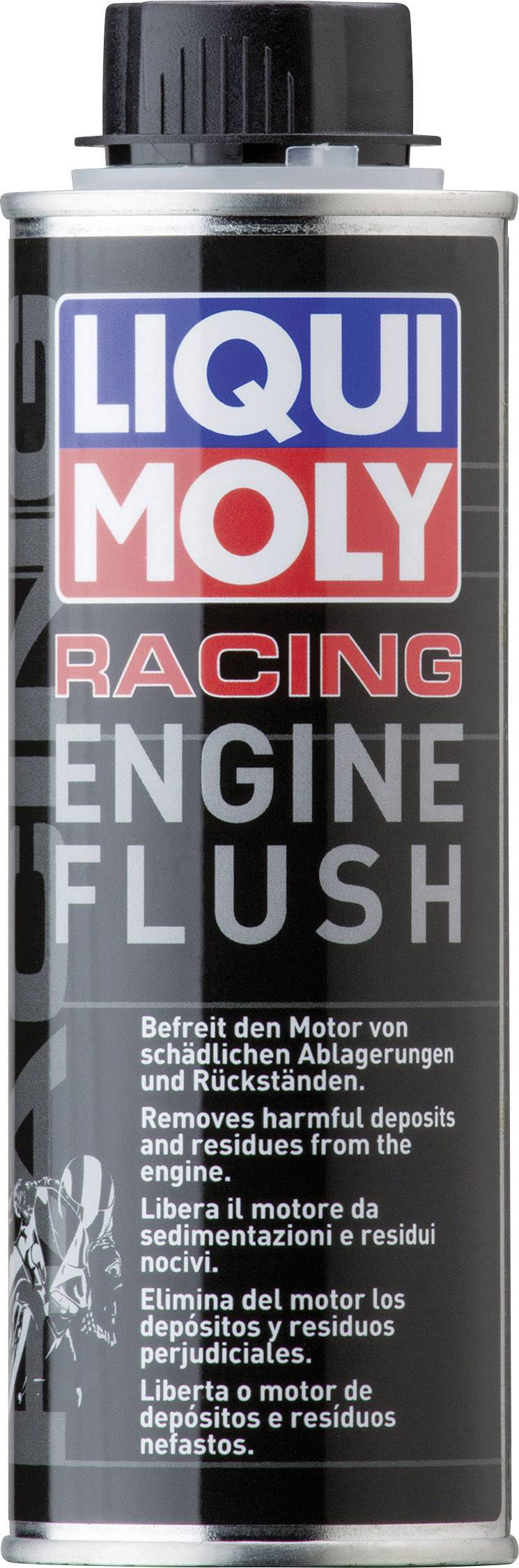 Dóza 'LIQUI MOLY Racing Engine Flush' v kovovém obalu s černými, červenými a modrými etiketami. Určeno k čištění motorových systémů.