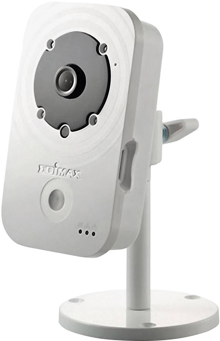 Bílá bezpečnostní kamera umístěná na stojanu, zobrazená z boku.