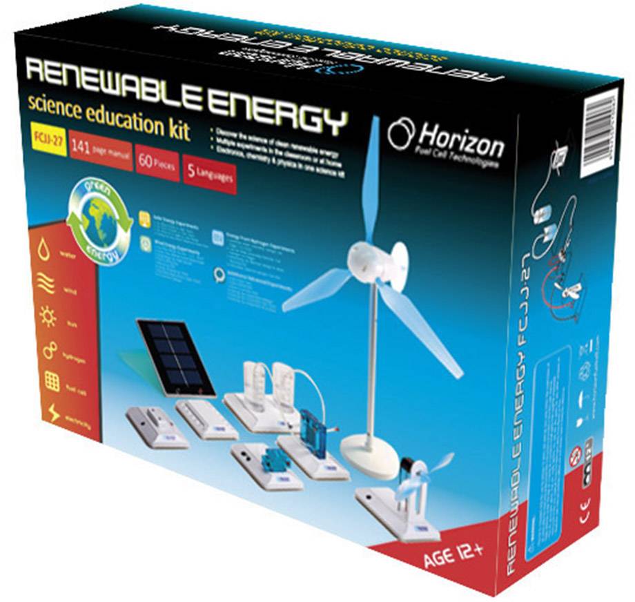 Výukový kit „Obnovitelné energie" pro vědecké zkoumání s větrnou turbínou, solárním panelem a dalšími komponenty. Doporučeno pro děti od 12 let.