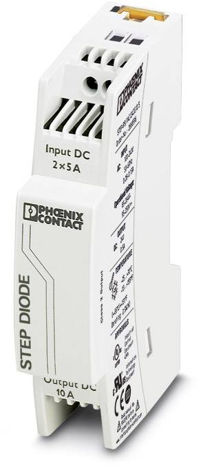 "Step Dioda" od Phoenix Contact, elektronická komponenta pro distribuci stejnosměrného proudu, se vstupy 2x5A a výstupem 10A.
