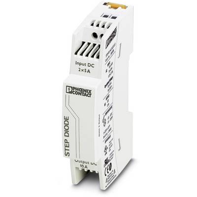 "Step Dioda" od Phoenix Contact, elektronická komponenta pro distribuci stejnosměrného proudu, se vstupy 2x5A a výstupem 10A.