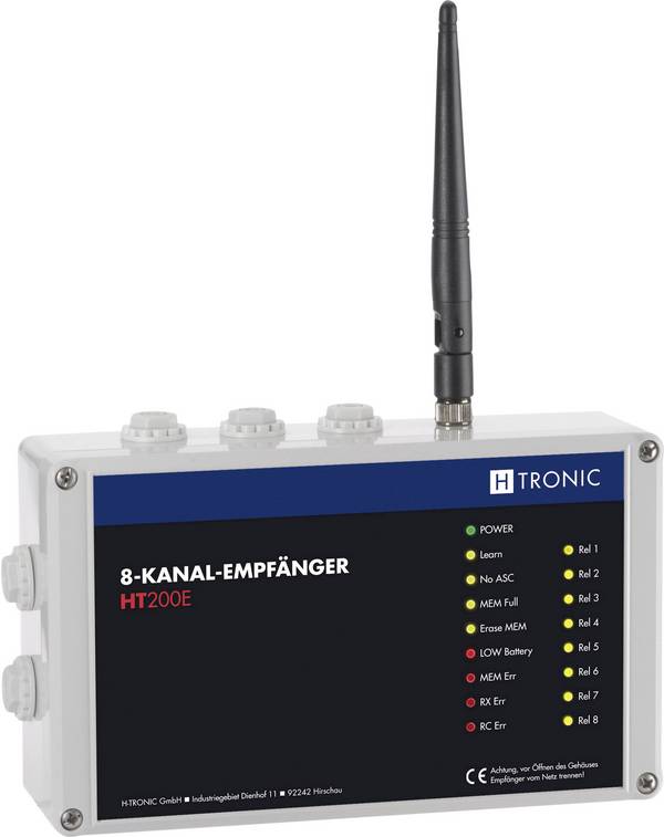 H-Tronic HT200E bezdrátový přijímač  8kanálový Frekvence 868.35 MHz, 869.05 MHz, 869.55 MHz 12 V Max. dosah 200 m