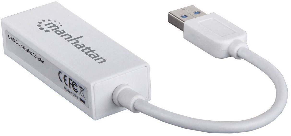 USB 3.0 gigabitový adaptér od Manhattanu, bílé pouzdro, s krátkým kabelem a USB připojením.