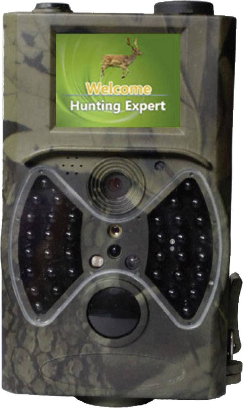 Maskovaná fotopast se zobrazovačem ukazuje 'Vítej, lovecký experti'; vybavena infračervenými LED diodami pro noční snímky.
