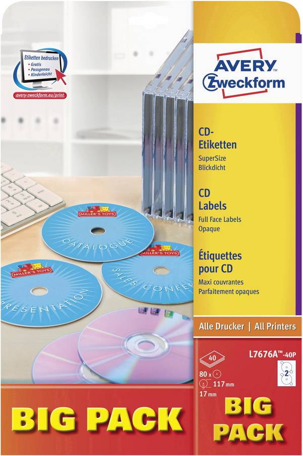 Avery-Zweckform L7676A-40P Štítky CD Ø 117 mm papír bílá 80 ks trvalé barevná laserová tiskárna, laserová tiskárna, barevná kopírka, kopírka, inkoustová tiskárna, jehličková tiskárna, ruční popis